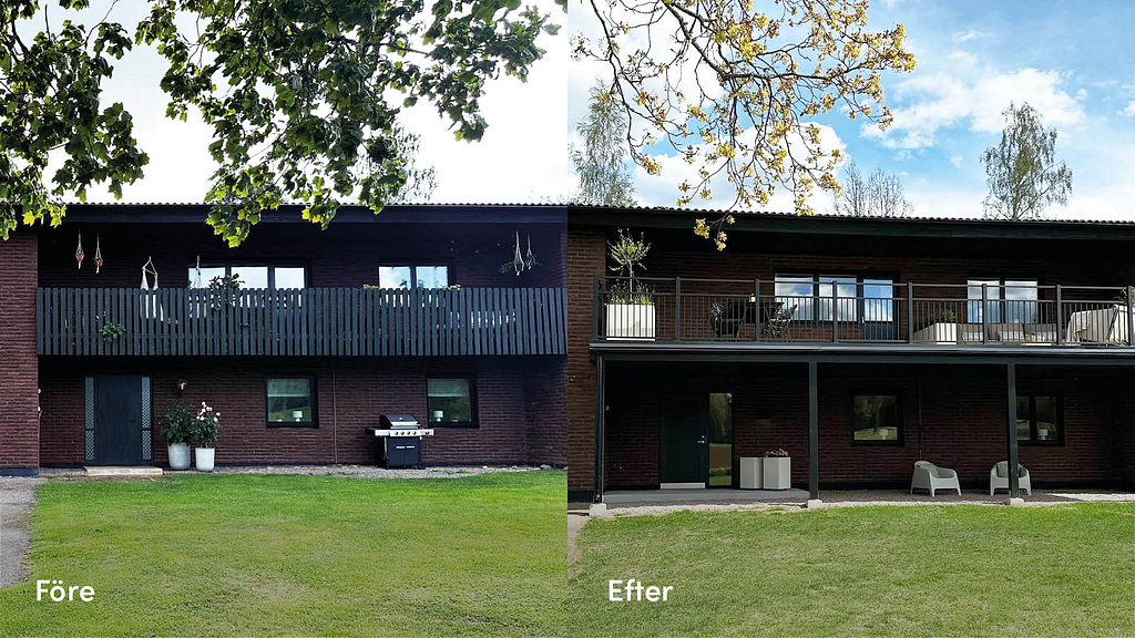 Före och efter renovering av 70-talshus där ett äldre träräcke har ersatts med svart balkongräcke Voxtorp.