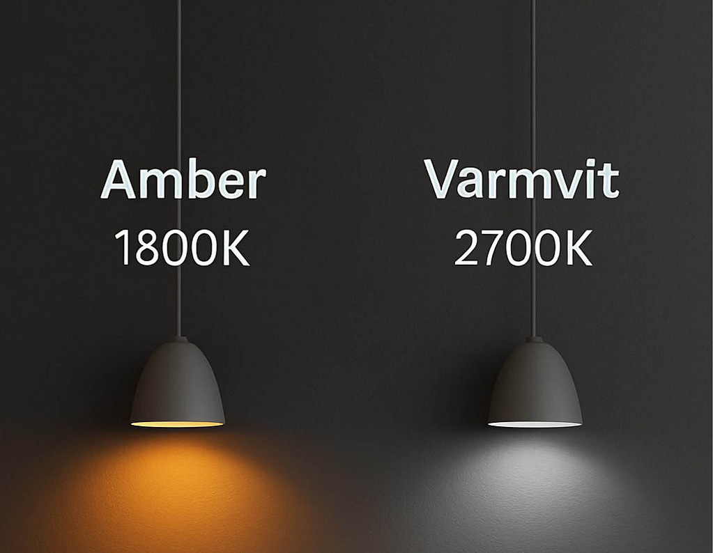 Jämförelse mellan amber 1800 K och varmvit 2700 K belysning