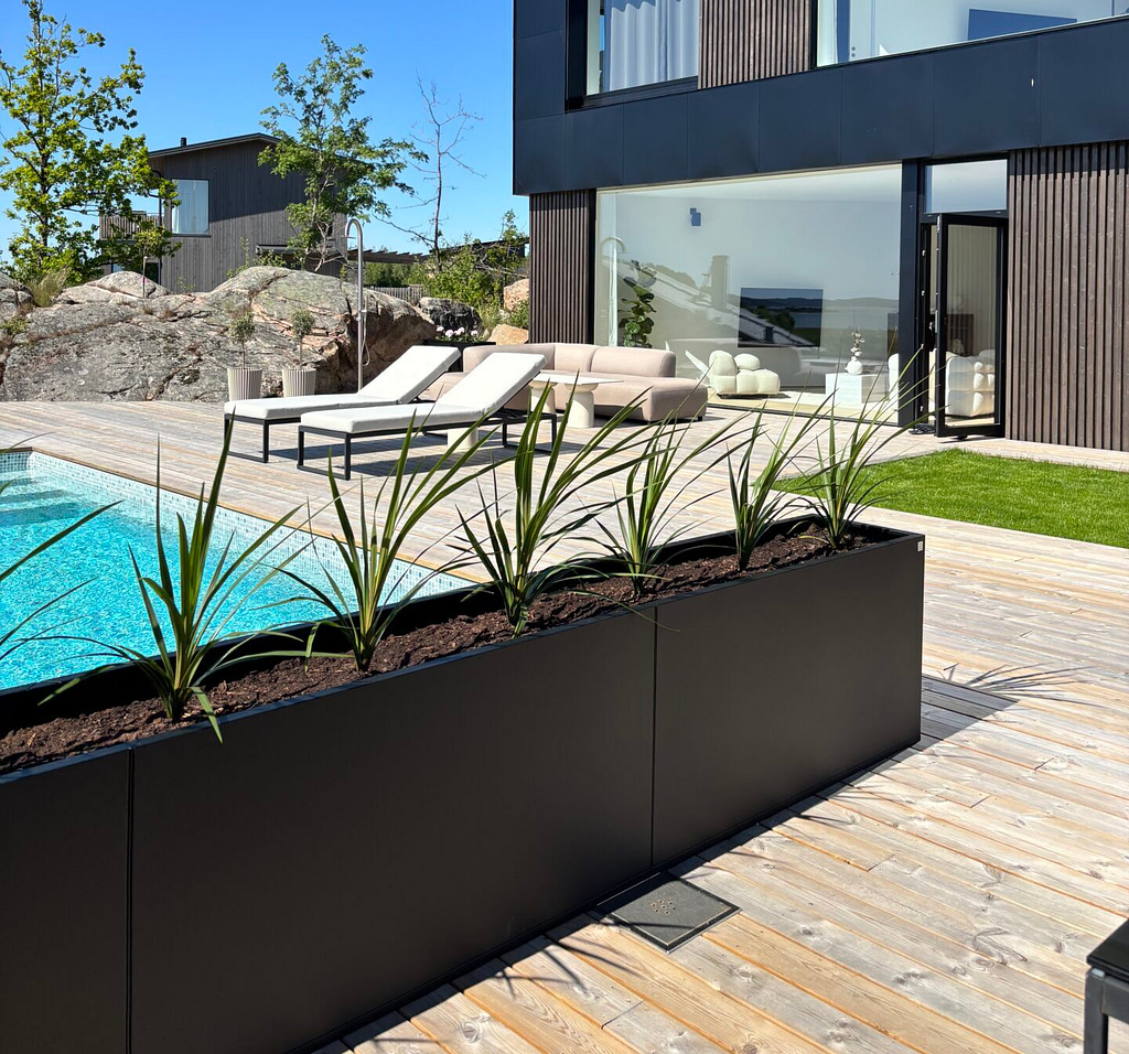 Svart Plant Box med gröna växter vid pool och modern villa
