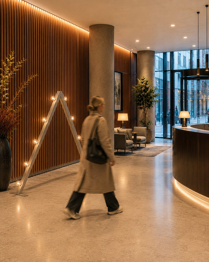 Silvergrå Ljuseveka i hotell lobby.