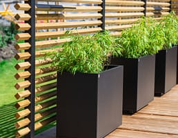 Drömminge staketstolpe med vriden 2-tums regel (45x45 mm), med Plant Boxar med planterad bambu i kruka. En svenskproducerad, underhållsfri lösning för avskärmning och vindskydd – vintergrönt och stilrent.