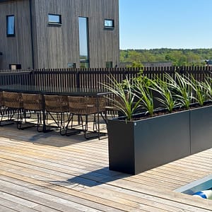 Rumsavdelare på stort trädäck. Plant Box i svart matt lack från Wernamo Design med vippande gräs.