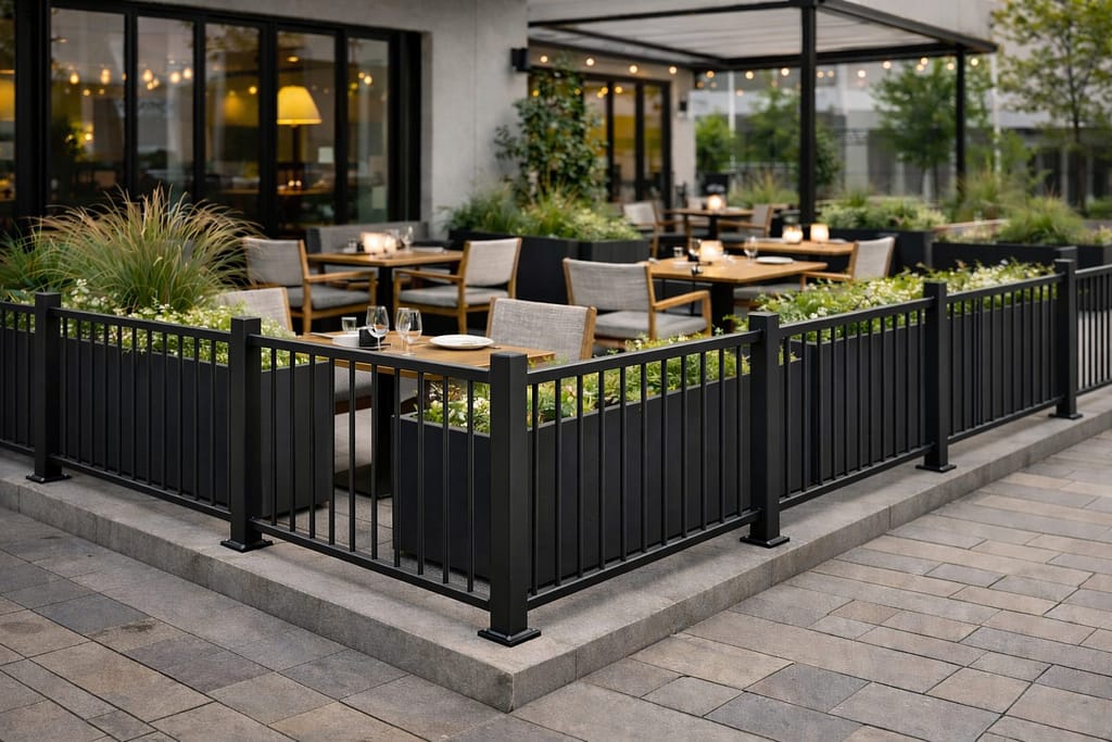 Staket till uteservering restaurang med planteringslådor och pergola