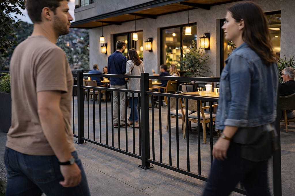 Balkongräcke voxtorp som staket till uteservering restaurang