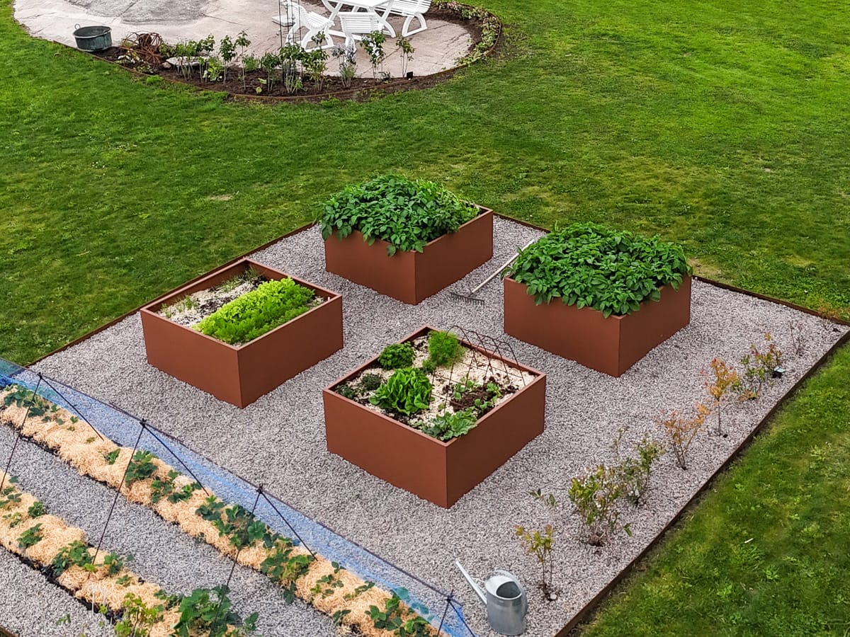 Modern och stilren köksträdgård med ergonomiska odlingslådor.