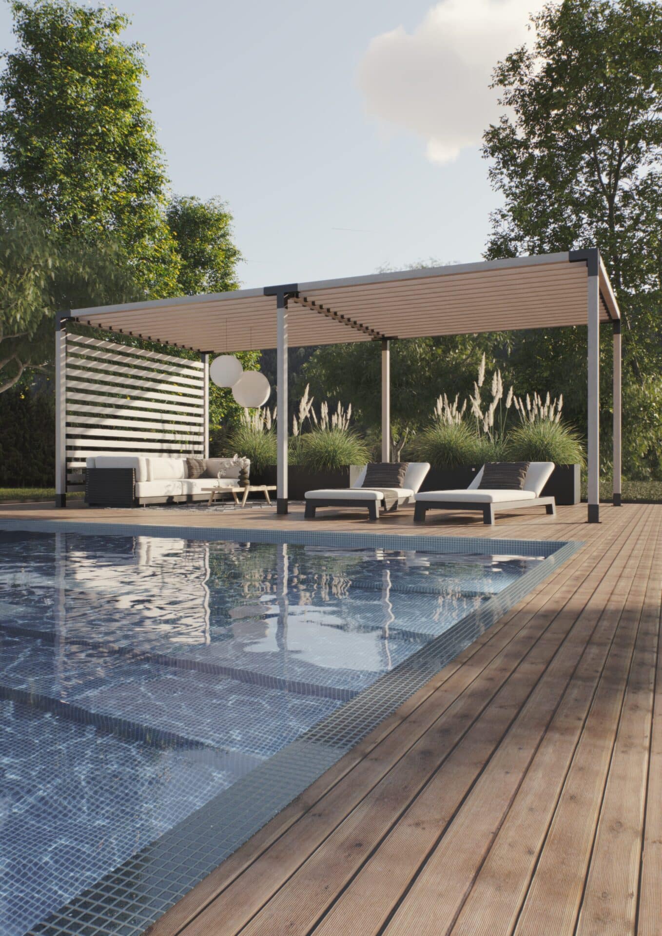 Fristående dubbel pergola med vägg vid pool.