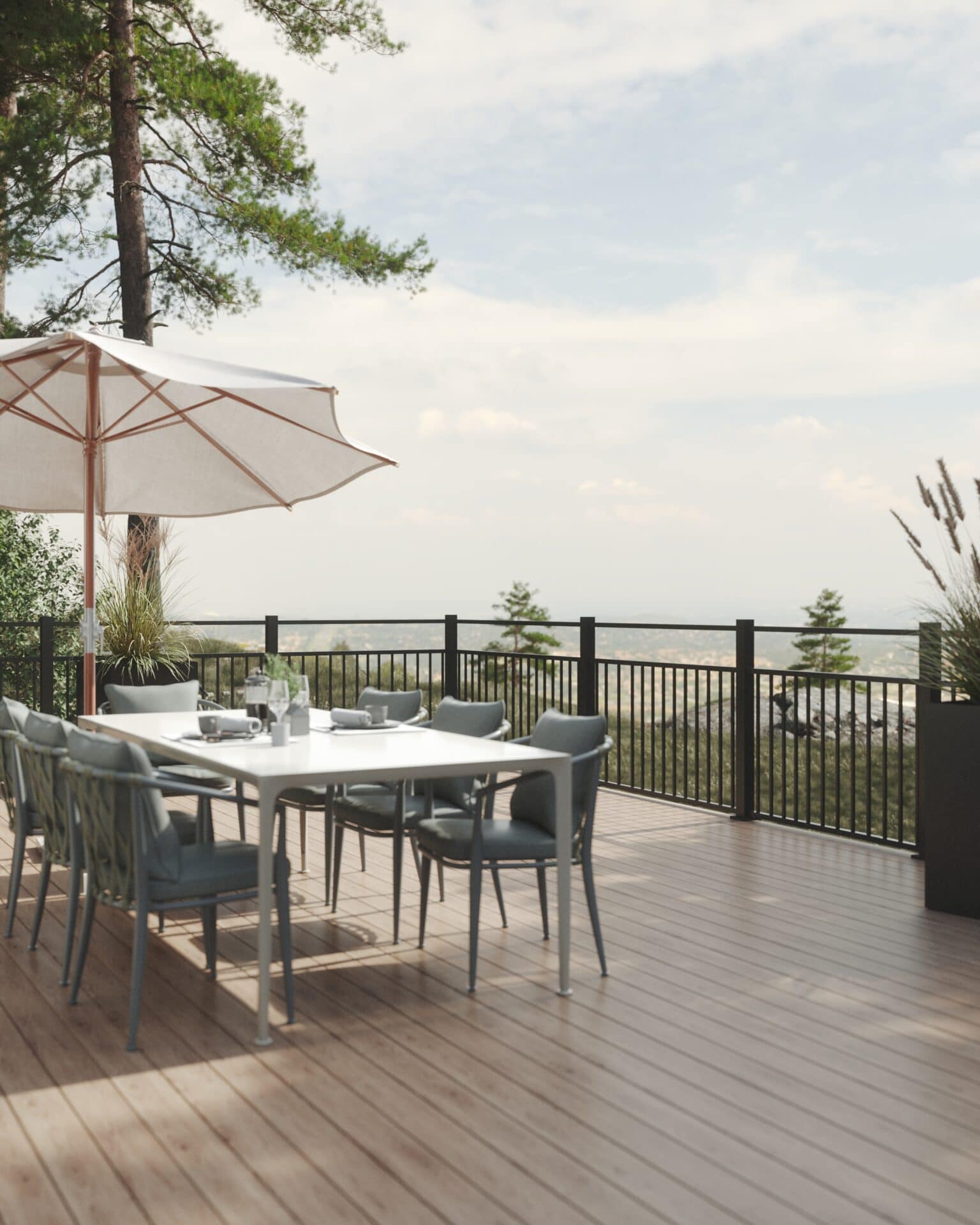 Balkongräcke som är godkänt för fallhöjd 3 meter.