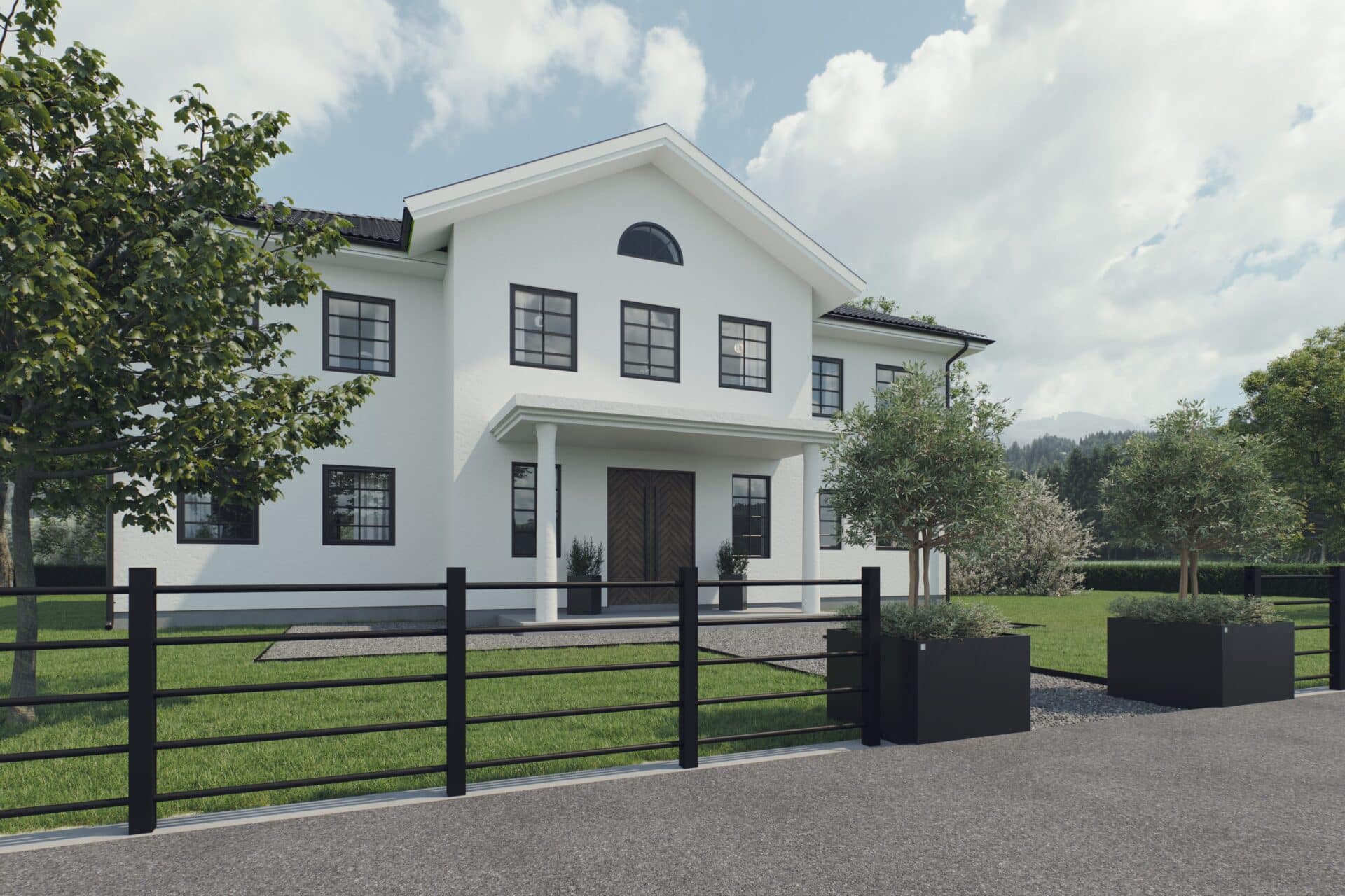Sort metalhegn foran en villa med hvid pudsfacade.