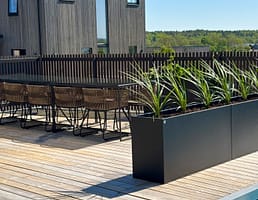 Rumsavdelare på stort trädäck. Plant Box i svart matt lack från Wernamo Design med vippande gräs.