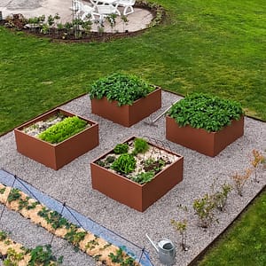 Modern och stilren köksträdgård med ergonomiska odlingslådor.