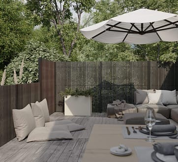 Högt staket med stående ribbor som är svarta